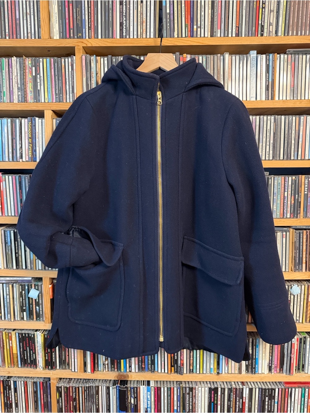 J.Crew Hooded Wool Swing Coat, Itallian Stadium Cloth by Nello Gori, Navy Blue,M